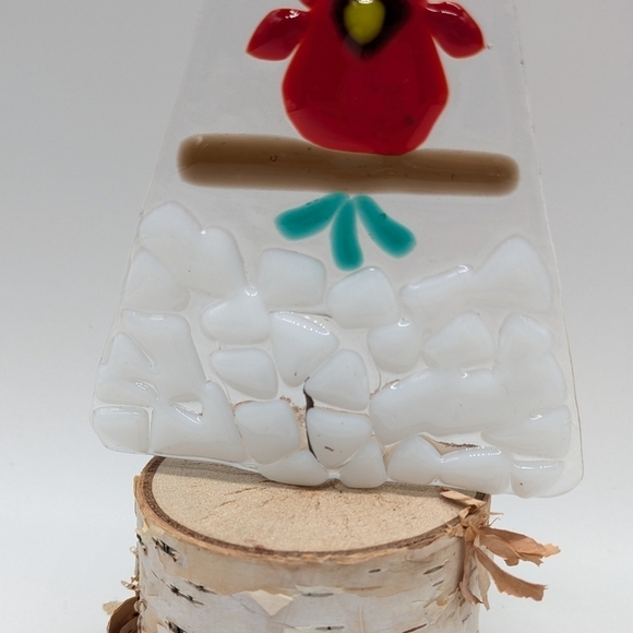 Handmade fused glass Christmas tree cardinal on birch - Picture 3 of 8